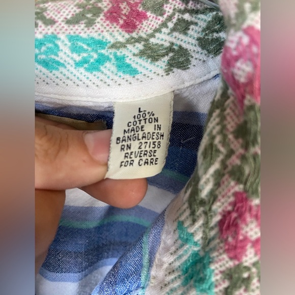 VTG 90s CM&Company Cotton Striped Floral Glitter Flannel Woven Large - Picture 4 of 5